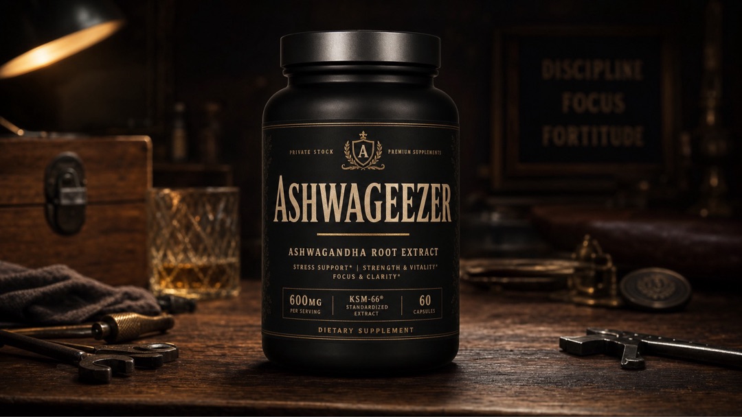 Ashwageezer supplement jar on a dark masculine workshop bench
