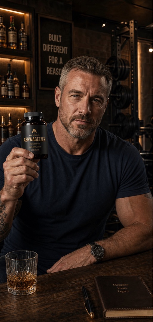 Ashwageezer promotional poster: black and gold design showing product benefits including testosterone support, strength and muscle, libido and drive