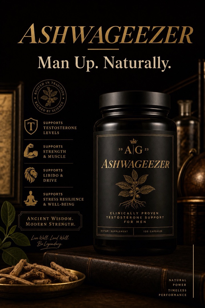 A rugged British man in his 40s confidently holding Ashwageezer supplement in a gym-bar setting